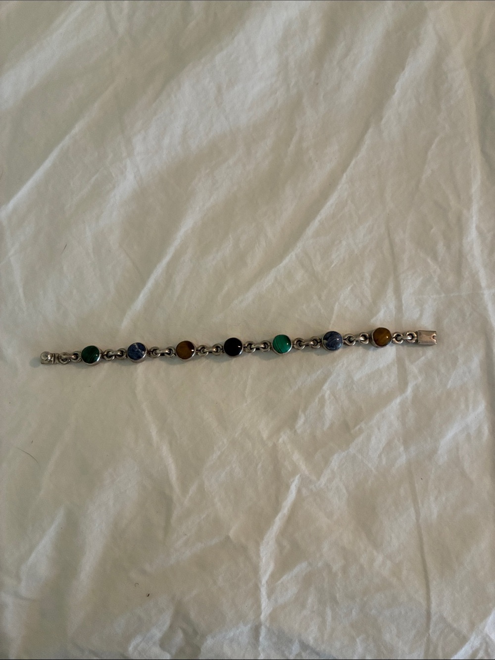 Vintage Sterling Silver multi-gemstone link bracelet Mexican artisan silver